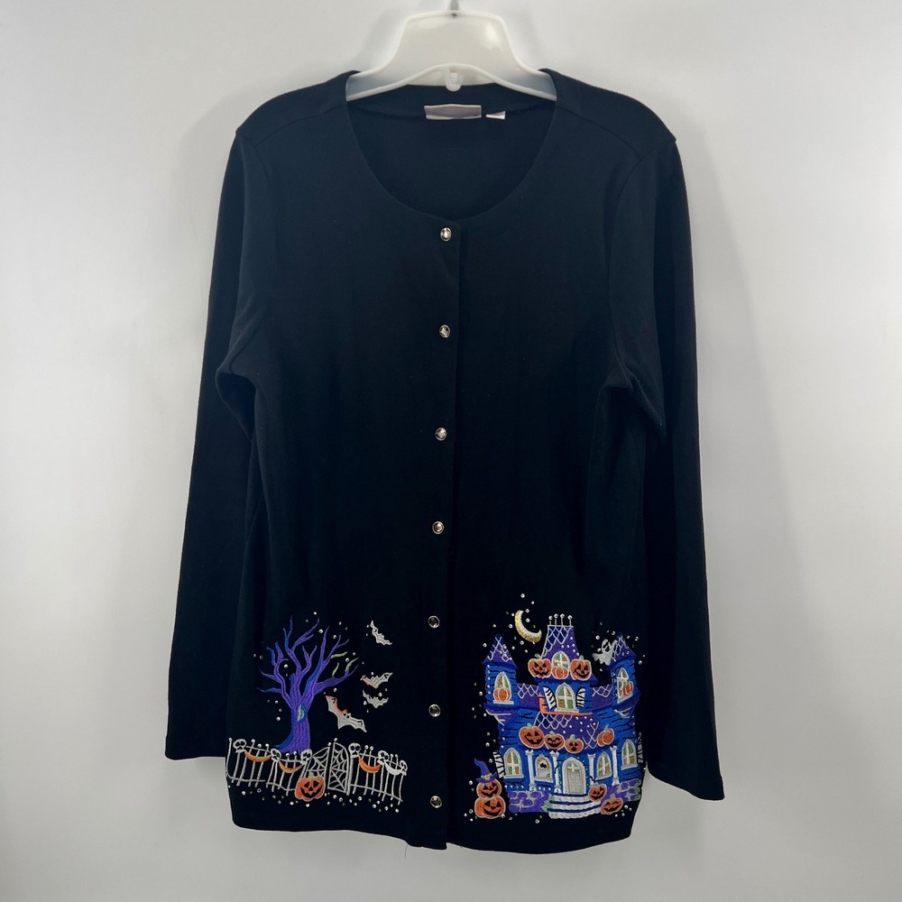 Quacker Factory Cardigan Sz M Halloween Embroidered Haunted Rhinestone Cotton